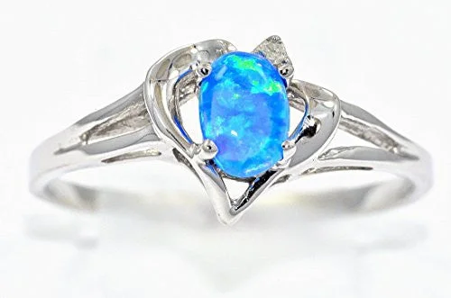 Simple Wedding Band for Men-6x4mm Blue Opal & Diamond Oval Heart Ring .925 Sterling Silver Rhodium Finish