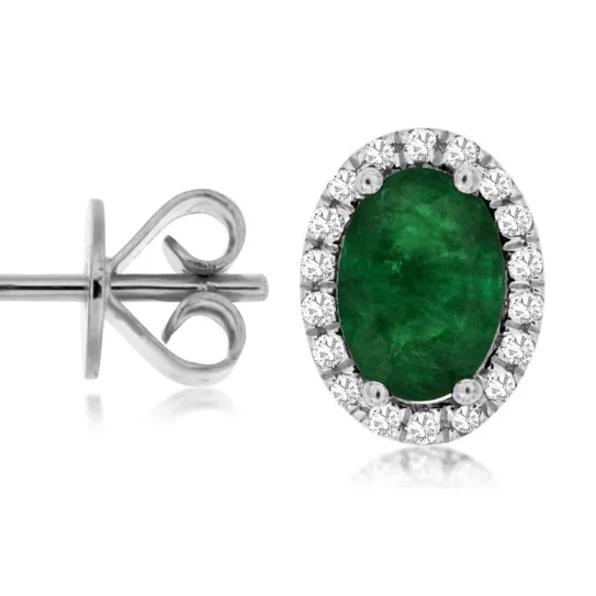 Ethnic Earrings for Women-14K W Gold 0.19ct Diamond and 1.40ct Emerald Halo Earrings