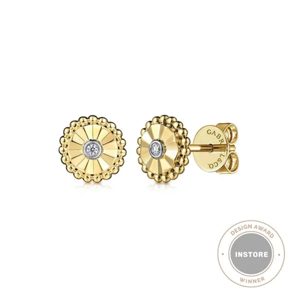 Small Stud Earrings for Women-14K Y Gold 0.02ctw Dia Cut Beaded Frame Diamond Earrings