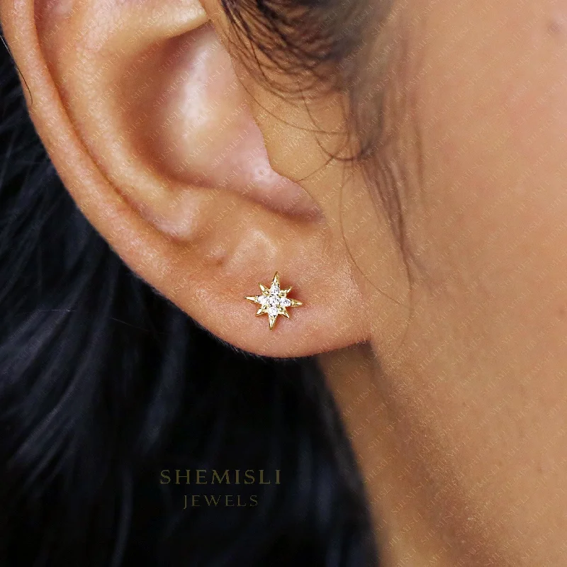 Affordable Gold Earrings-Tiny Star Studs Earrings, Starburst CZ Studs, Celestial Earrings, Unisex, Gold, Silver SS035 Butterfly End, SS351 Screw Ball End (Type A)