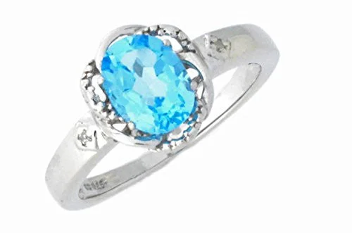 Vintage Silver Ring-2 Ct Blue Topaz & Diamond Oval Ring .925 Sterling Silver Rhodium Finish