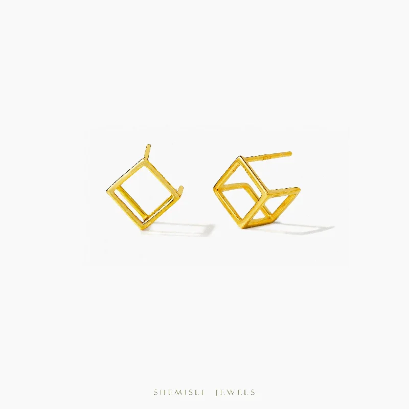 Simple Silver Earrings-3D Cube Studs Earrings, Unisex, Gold, Silver SHEMISLI - SS967