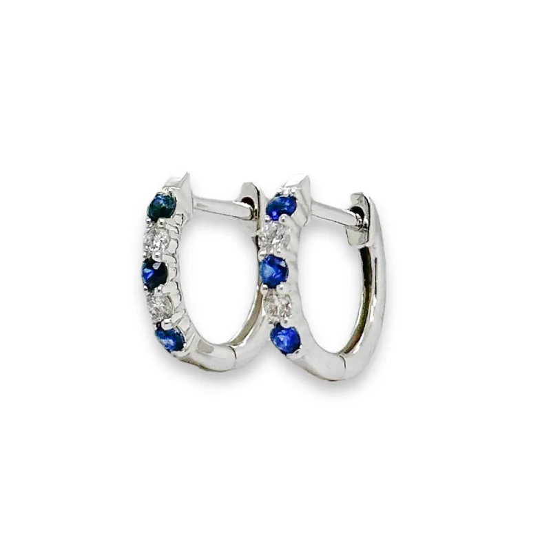 Statement Earrings for Evening-14K W Gold 0.10cttw H/I1 Diamond and 0.15cttw Sapphire Hoop Earrings