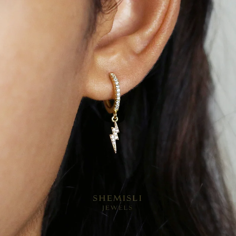 Unique Gold Earrings-Dainty lightning CZ Hoop Earrings, Huggies, Gold, Silver SHEMISLI SH117 LR