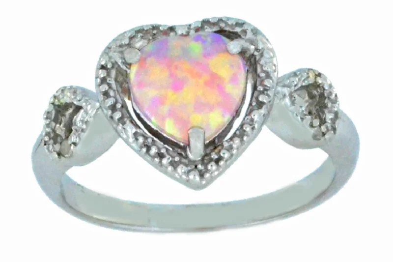 Birthstone Wedding Ring-Pink Opal & Diamond Heart Ring .925 Sterling Silver Rhodium Finish