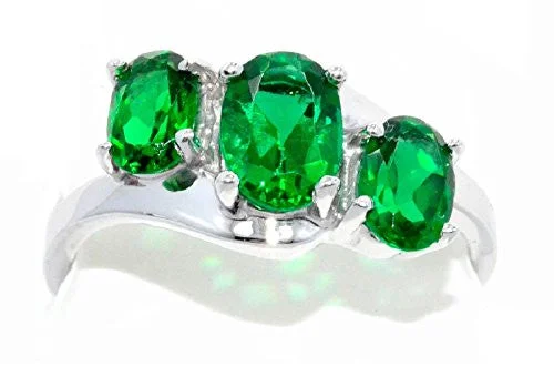 Platinum Diamond Ring-2 Ct Created Emerald Oval Ring .925 Sterling Silver Rhodium Finish