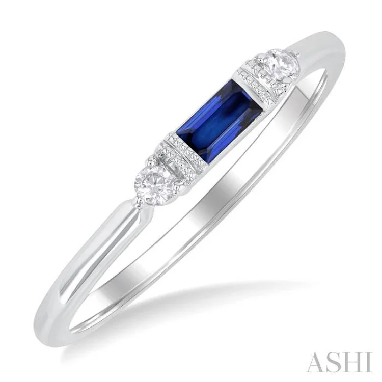 Custom Initial Ring-4X2 MM Baguette Cut Sapphire and 1/20 ctw Round Cut Diamond Precious Fashion Ring in 10K White Gold