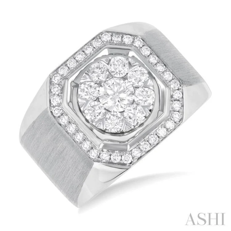 Designer Gold Ring-1 3/8 ctw Octagonal Shape Lovebright Round Cut Diamond Men's Ring in 10K White Gold