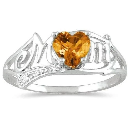 Wedding Ring Set for Women-.50 Ct Citrine Heart & Diamond Mom Ring .925 Sterling Silver Rhodium Finish