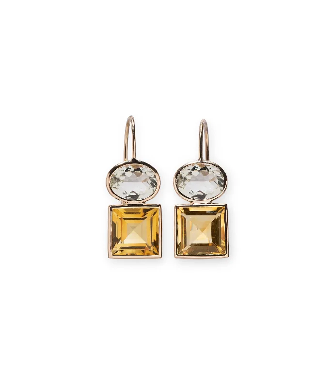 Heart Shaped Earrings-14k Gold Duo Earrings in Green Amethyst and Citrine