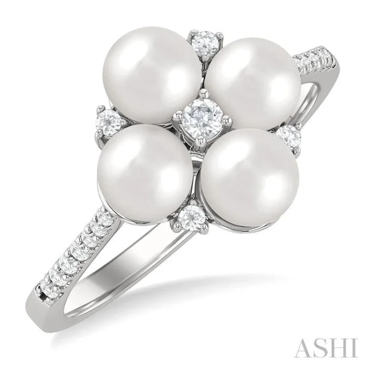 Customizable Birthstone Ring-1/6 ctw Floral 5x5 MM Cultured Pearls and Round Cut Diamond Fashion Ring in 10K White Gold