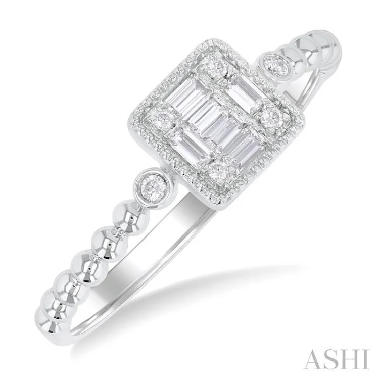 Wedding Band for Bride-1/8 ctw Petite Bead Shank Square Shape Center Round Cut Diamond Fashion Ring in 10K White Gold