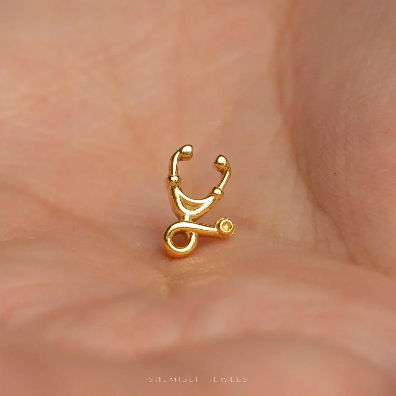 Gold Hoop Earrings-Tiny Stethoscope Threadless Flat Back Earrings, 20,18,16ga, 5-10mm Unisex, Surgical Steel SHEMISLI SS1256