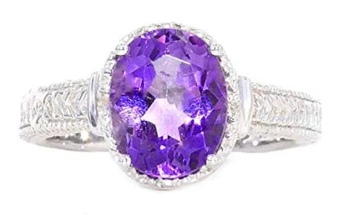 Trendy Stackable Rings-3 Ct Amethyst & Diamond Oval Ring .925 Sterling Silver Rhodium Finish