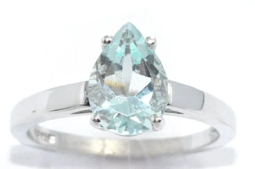 Personalized Diamond Ring-2 Ct Aquamarine Pear Ring .925 Sterling Silver Rhodium Finish