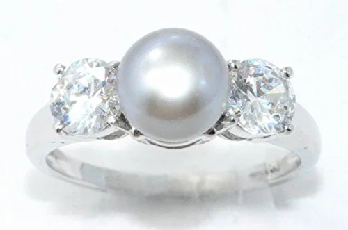 Handmade Wedding Ring-8mm Gray Freshwater Pearl & White Topaz Ring .925 Sterling Silver Rhodium Finish