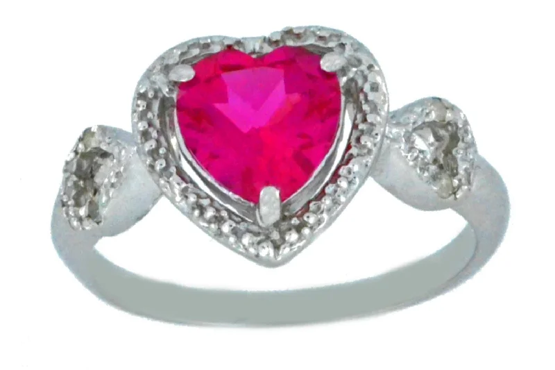 Custom Ruby Engagement Ring-1.5 Ct Created Ruby & Diamond Heart Ring .925 Sterling Silver Rhodium Finish