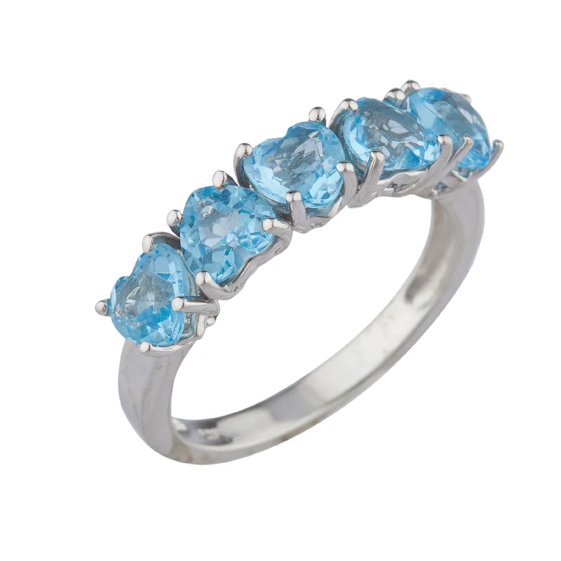 Men's Gold Wedding Ring-5 Hearts Blue Topaz Heart Ring .925 Sterling Silver Rhodium Finish