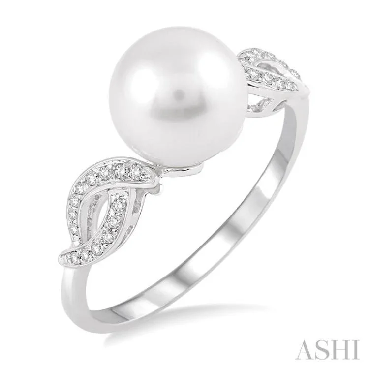 Heart Shaped Engagement Ring-8x8 MM Round Cut Cultured Pearl and 1/20 Ctw Round Cut Diamond Ring in 10K White Gold