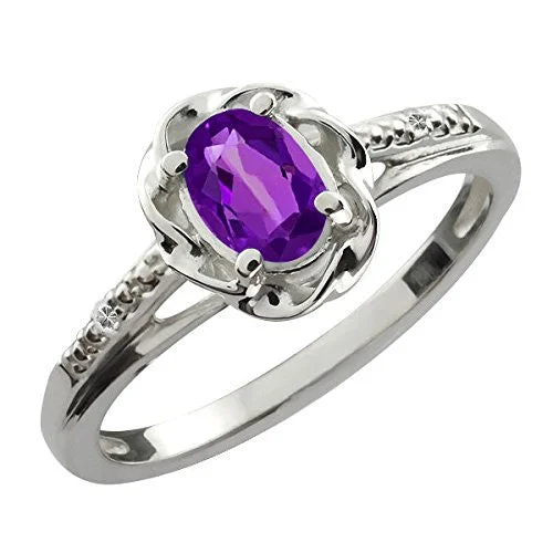 Trendy Stackable Rings-0.50 Ct Amethyst & Diamond Oval Ring .925 Sterling Silver Rhodium Finish