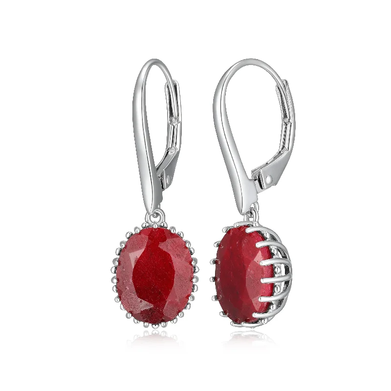 Fashionable Drop Earrings-Sterling Silver Oval Ruby Earrings