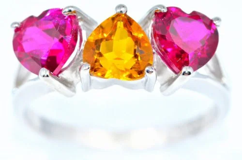 Dainty Gold Ring-3 Ct Citrine & Created Ruby Heart Ring .925 Sterling Silver Rhodium Finish