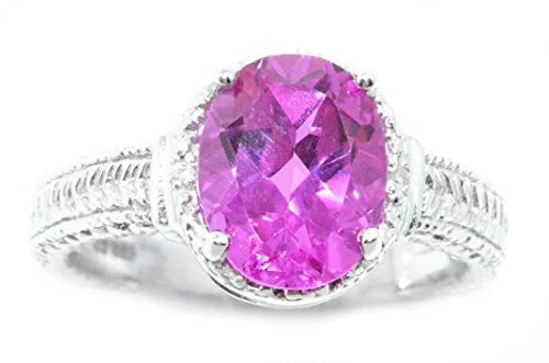 Platinum Engagement Ring-3 Ct Pink Sapphire & Diamond Oval Ring .925 Sterling Silver Rhodium Finish