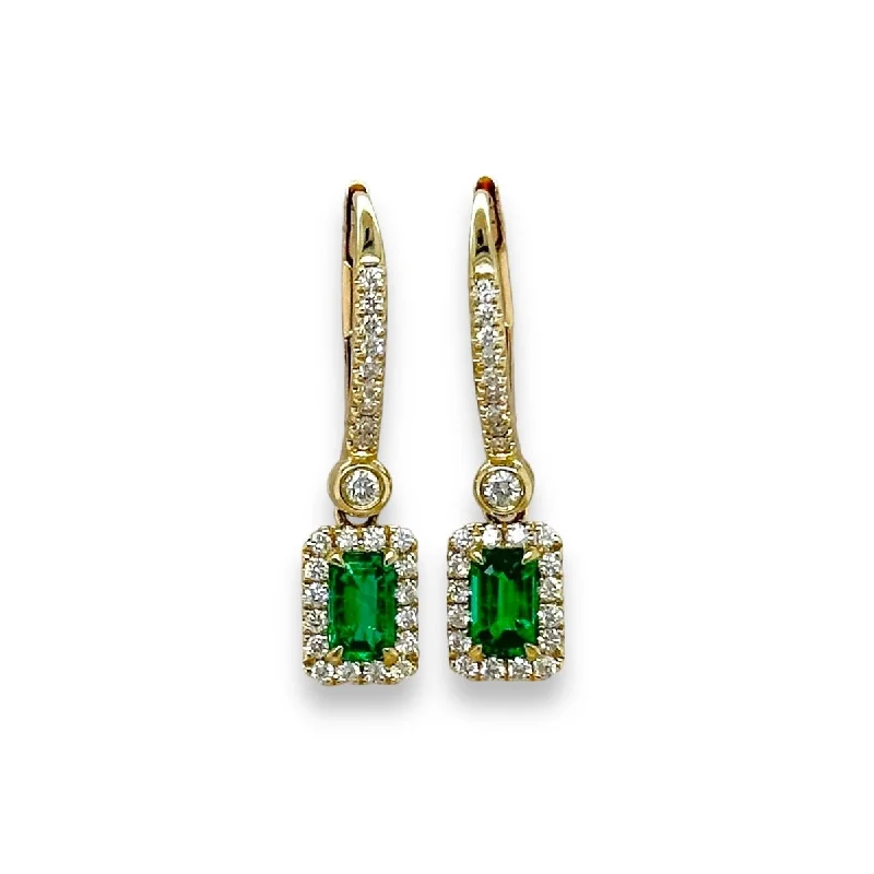 Colorful Stud Earrings-14K Y Gold 0.56ctw Emerald and 0.33ctw Emerald Cut Drop Diamond Earrings