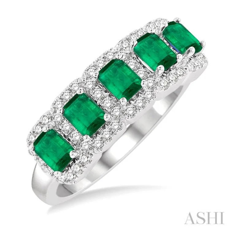 Fashionable Stackable Rings-4x3 MM Emerald Shape Emerald and 1/2 ctw Round Cut Diamond Precious Wedding Band in 14K White Gold