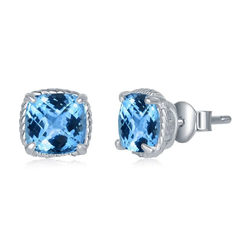 Crystal Drop Earrings-SS 6mm Blue Topaz Cushion Cut Stud Earrings