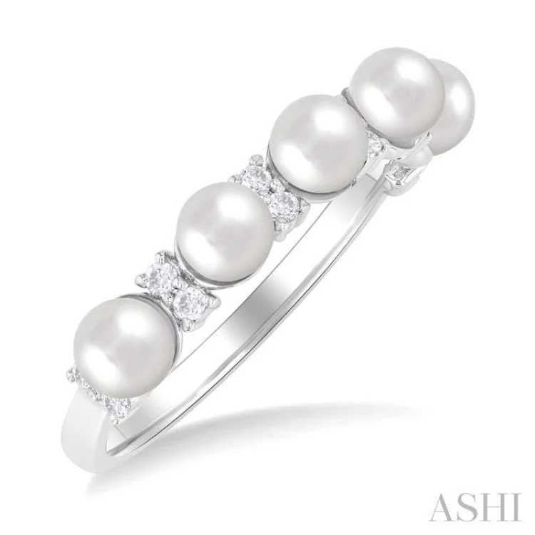 Unique Gold Ring-1/6 ctw White 4X4 MM Cultured Pearl and Round Cut Diamond Semi Precious Fashion Ring in 10K White Gold