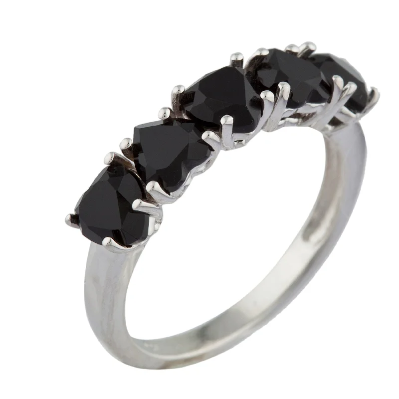 Gemstone Wedding Ring for Men-5 Hearts Genuine Black Onyx Heart Ring .925 Sterling Silver Rhodium Finish