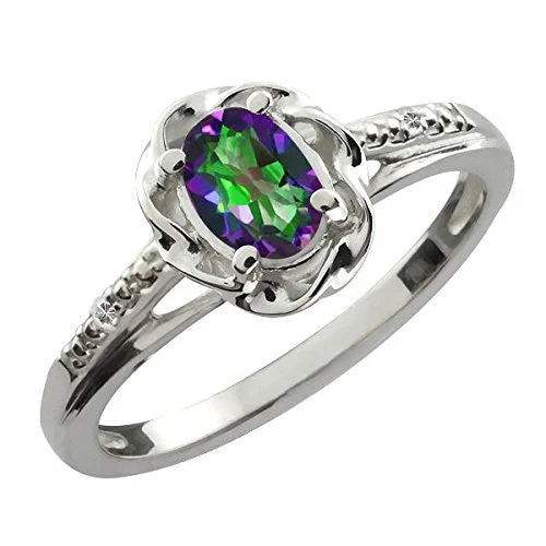 Classic Engagement Ring for Women-0.50 Ct Mystic Topaz & Diamond Oval Ring .925 Sterling Silver Rhodium Finish