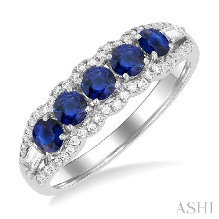 Trendy Wedding Rings-3.1 MM Round Sapphire and 1/4 ctw Baguette and Single Cut Diamond 5-Stone Precious Ring in 14K White Gold