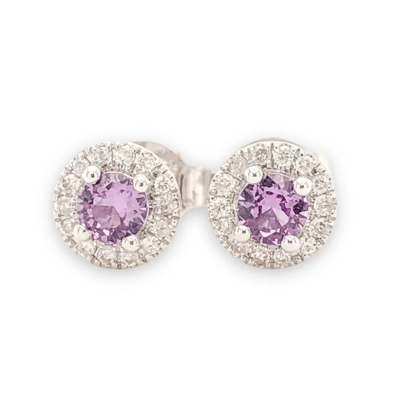 Classic Gold Earrings-14K W Gold 0.10cttw Diamond 0.30cttw Pink Lab-Created Alexandrite Halo Earrings