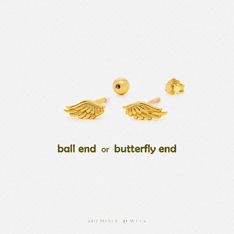 Gold Plated Earrings-Tiny Angel Wing Stud Earrings, Unisex, Gold, Silver SS649 Butterfly End, SS650 Screw Ball End (Type A) LR