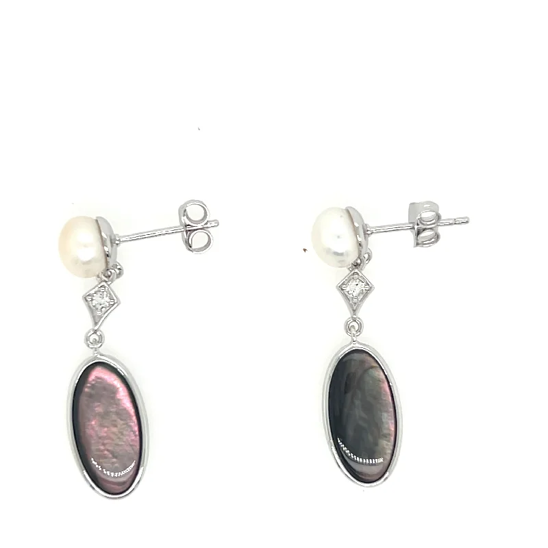 Wedding Earrings for Bride-Sterling Silver Gray Mother of Pearl and White Topaz Drop Earrings