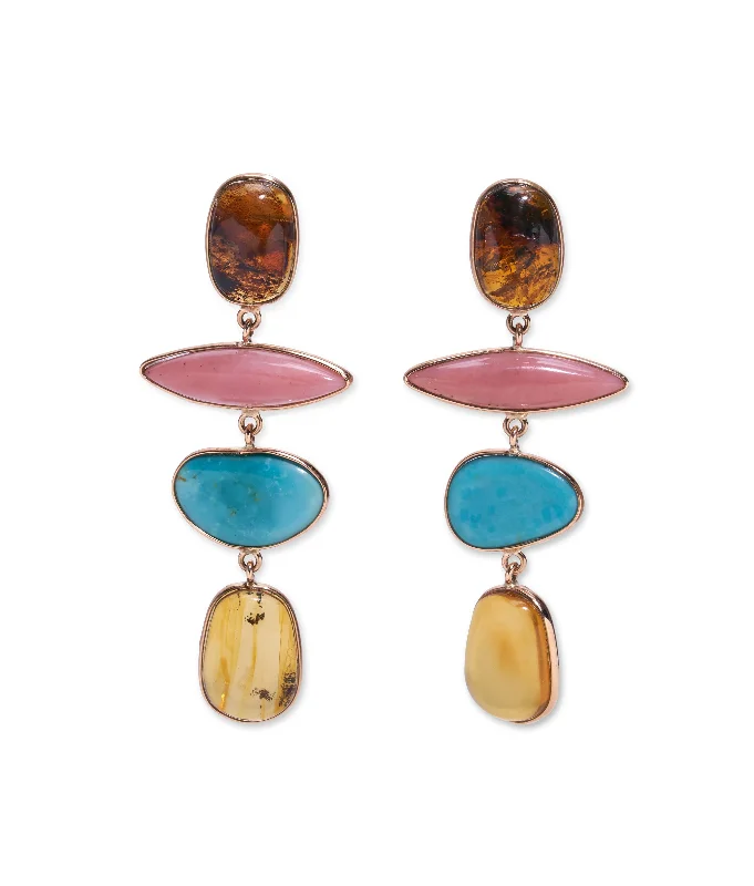 Affordable Gold Earrings-14k Gold Amber, Pink Opal & Turquoise Column Earrings