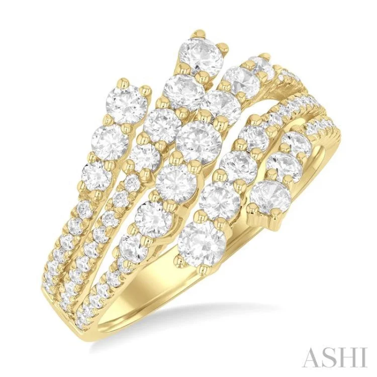 Fashionable Engagement Ring-1 1/2 ctw Triple Split Wide Bypass Round Cut Diamond Fashion Band in 14K Yellow Gold