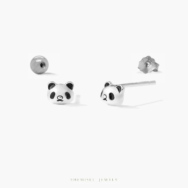 Simple Silver Drop Earrings-Dainty Panda Stud Earrings, Unisex, Sterling Silver SHEMISLI - SS958 Butterfly End, SS959 Screw Ball End (Type A)