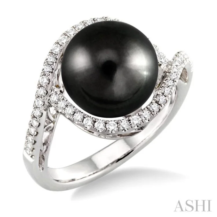 Personalized Name Ring-11x11MM Black Cultured Pearl and 1/3 Ctw Round Cut Diamond Ring in 14K White Gold