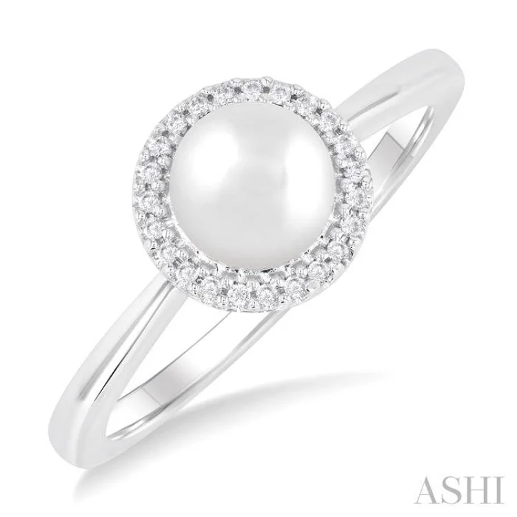 Custom Birthstone Ring-1/20 Ctw Petite 6 MM Cultured Pearl and Round Cut Diamond Halo Fashion Ring in 10K White Gold