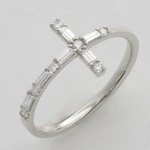 Custom Ring for Engagement-14KW 0.35CTW BAGUETTE DIAMOND SIDEWAYS CROSS RING