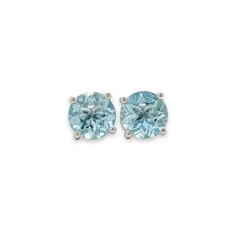 Silver Earrings for Bridesmaids-14K W Gold 1.39ctw 6mm Round Aquamarine Stud Earrings