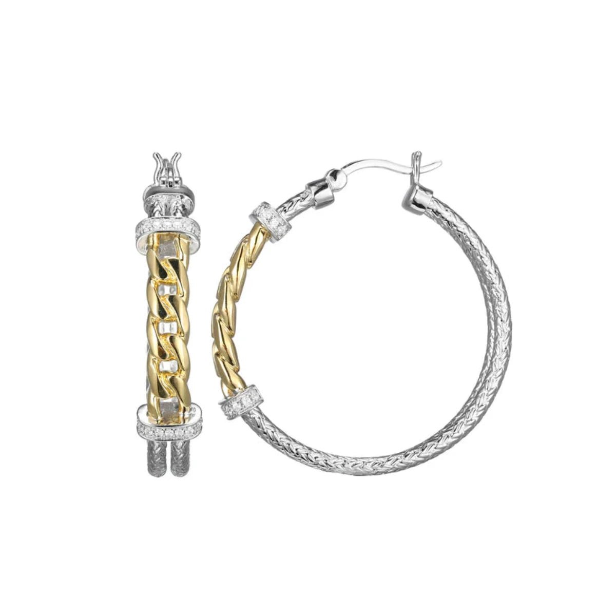 Pearl and Diamond Earrings-SS Two-Tone CZ Double Row Link Hoop Earrings