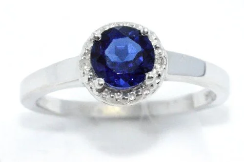 Silver Wedding Band for Men-1 Ct Created Blue Sapphire & Diamond Round Ring .925 Sterling Silver Rhodium Finish