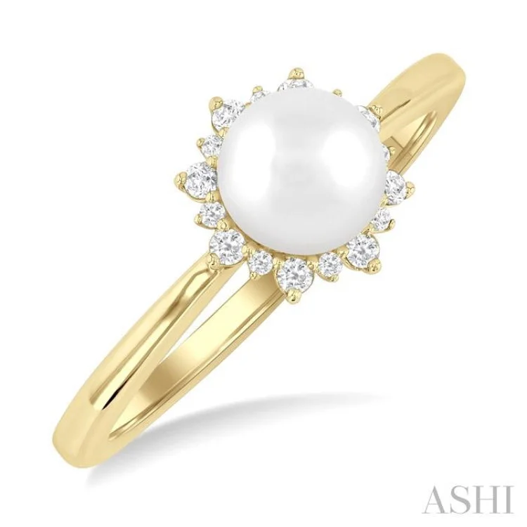 Custom Birthstone Ring-1/10 Ctw Petite 6 MM Cultured Pearl and Round Cut Diamond Sunburst Halo Fashion Ring in 10K Yellow Gold