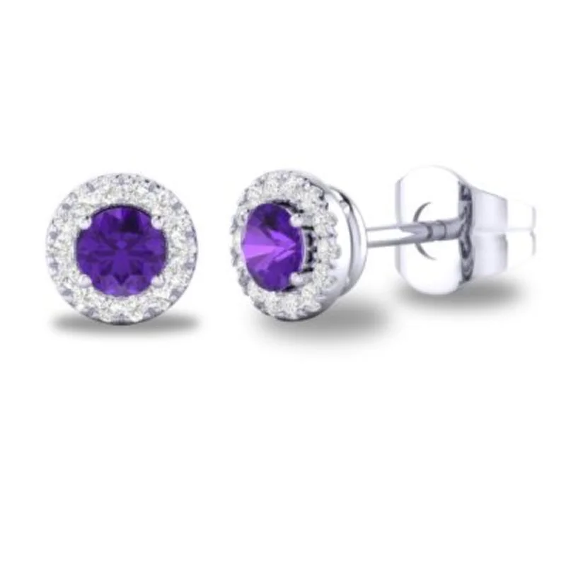 Heart Shaped Stud Earrings-14K W Gold 0.10ctw Diamond 0.30ctw Amethyst Round Halo Earrings