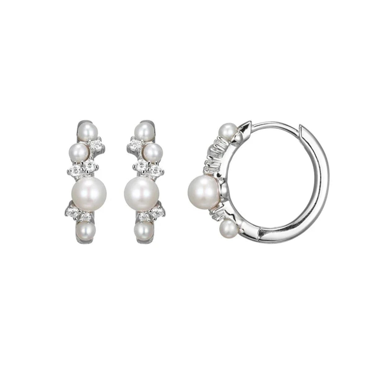 Sparkling Silver Earrings-SS CZ and Pearl Cluster Hoop Earrings