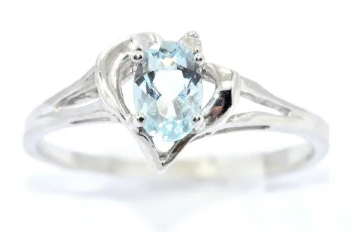 Silver Ring for Women-0.50 Ct Genuine Aquamarine & Diamond Oval Heart Ring .925 Sterling Silver Rhodium Finish